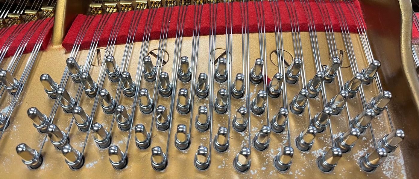 Chevilles d'accord et cordes enroulées sur le sommier d'un piano